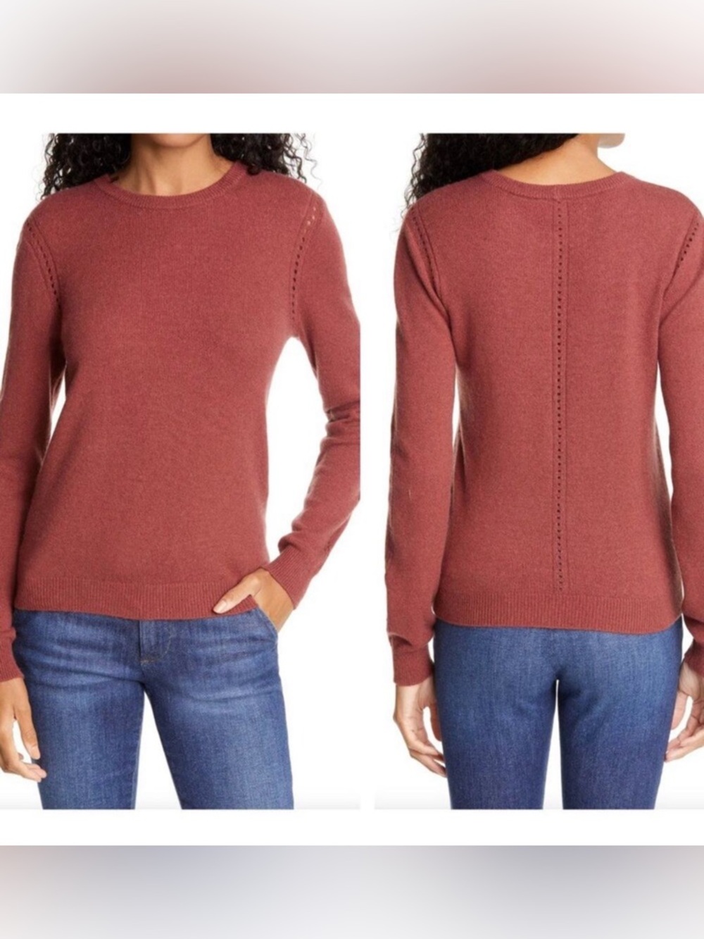 Frame Pointelle Wool-Cashmere Crew Sweater in Sable Brown